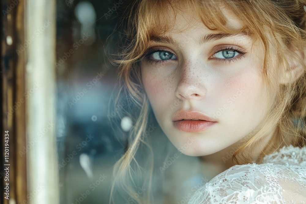 Portrait of romantic blonde bride looking through window Portrait of romantic blonde bride looking through window