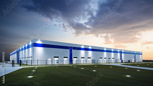 Modern distribution warehouse exterior at dusk with dramatic sky