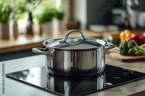 Stainless steel pot sitting on induction stove top in modern kitchen