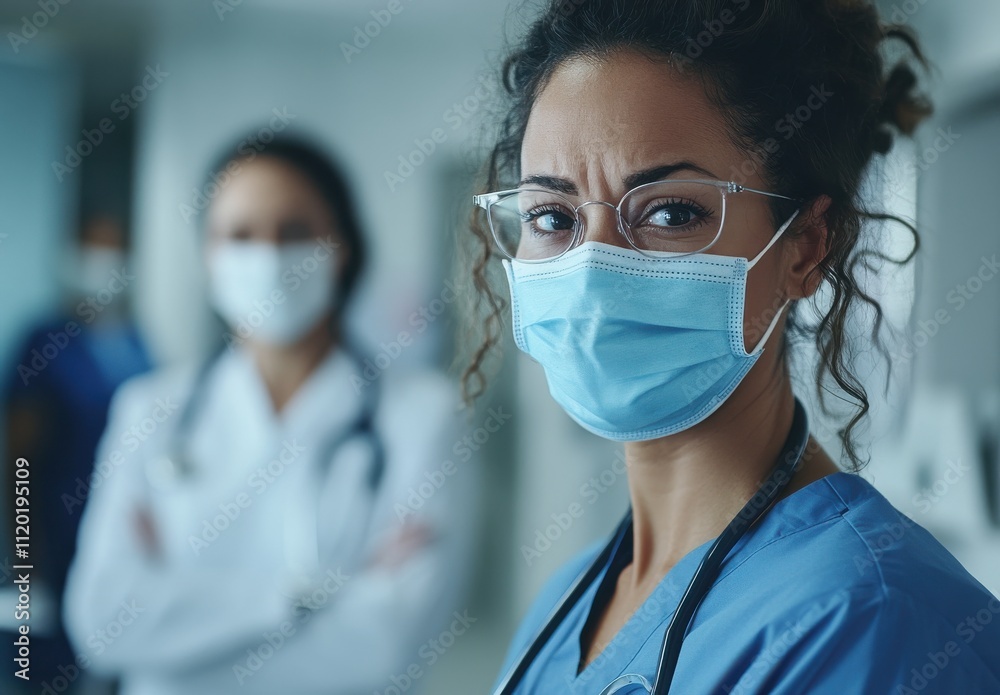 Healthcare Professionals Displaying Concern and Determination in a Hospital Environment with Masks and Protective Gear