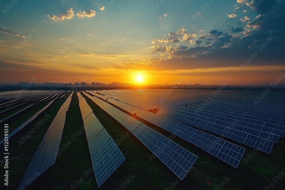 Solar panels collecting sunset light in a large field near city Solar panels collecting sunset light in a large field near city