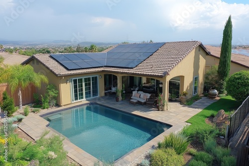 Solar panels generating green energy for modern house with swimming pool photo