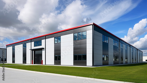 Wallpaper Mural Modern industrial building with red trim under partly cloudy sky Torontodigital.ca