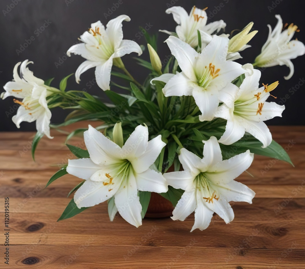Fototapeta premium Simple yet beautiful white lilies on a wooden table, , home