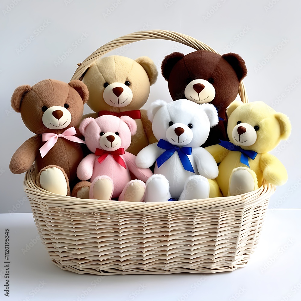 Bear animal toys in a basket isolated on a white background Bear animal toys in a basket isolated on a white background