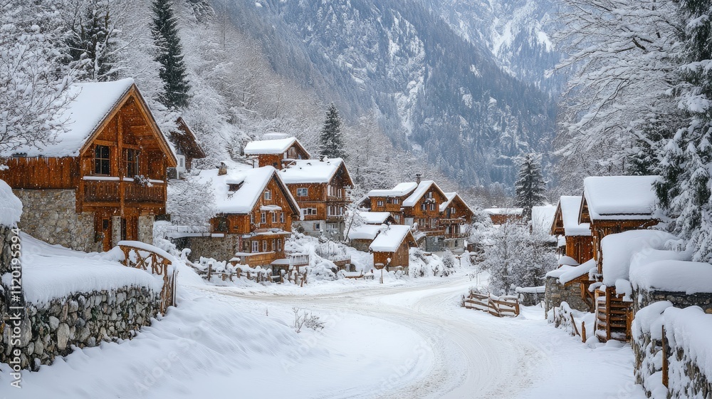 Snow covered wooden houses in scenic mountain village during winter