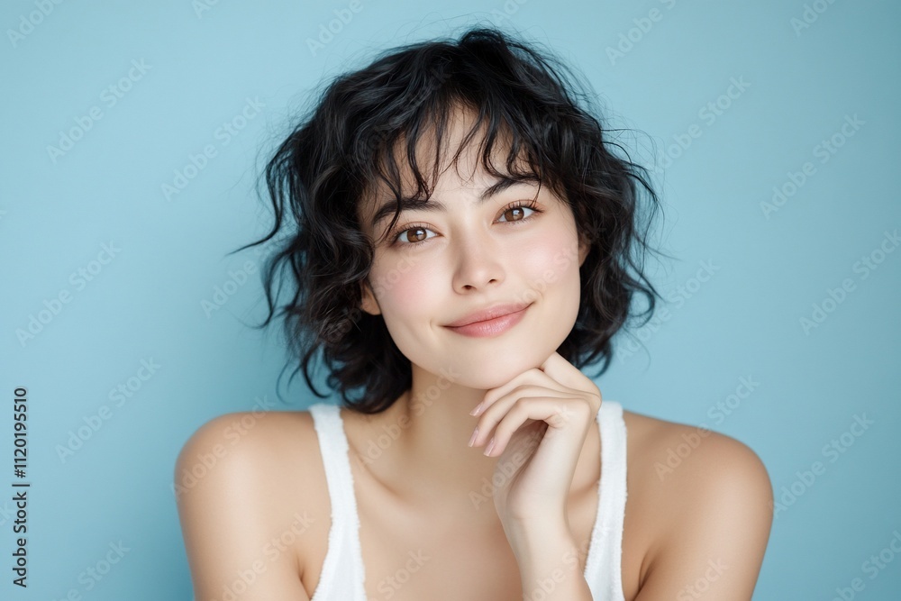 A smiling woman with curly hair poses against a blue background. A smiling woman with curly hair poses against a blue background.