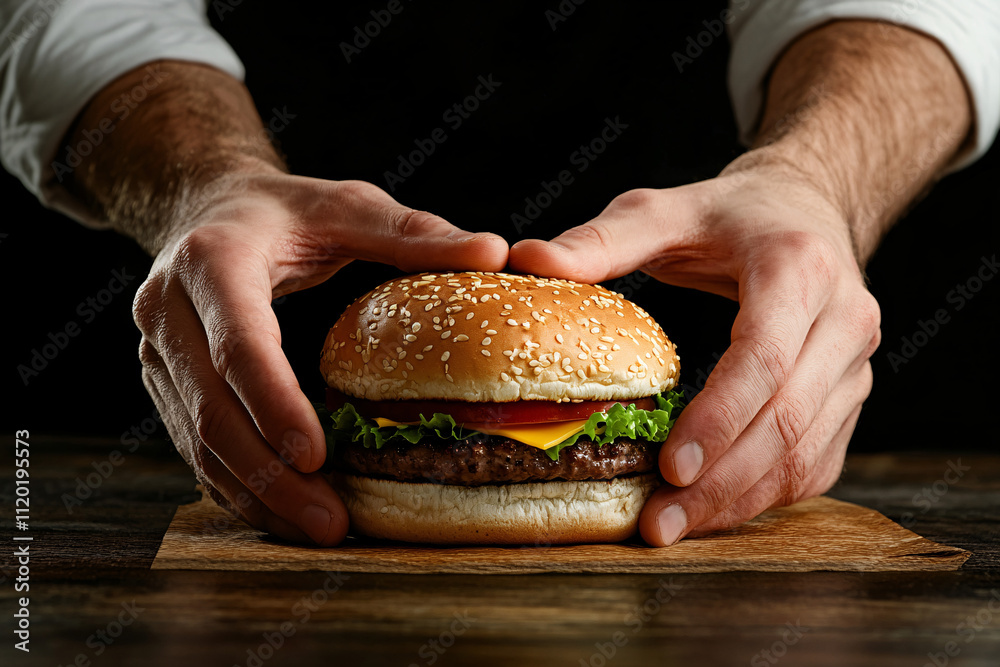 Close-up of a professional chef carefully serving a delicious, freshly made burger, perfect for meal advertisements or food promotions with dark background Close-up of a professional chef carefully serving a delicious, freshly made burger, perfect for meal advertisements or food promotions with dark background