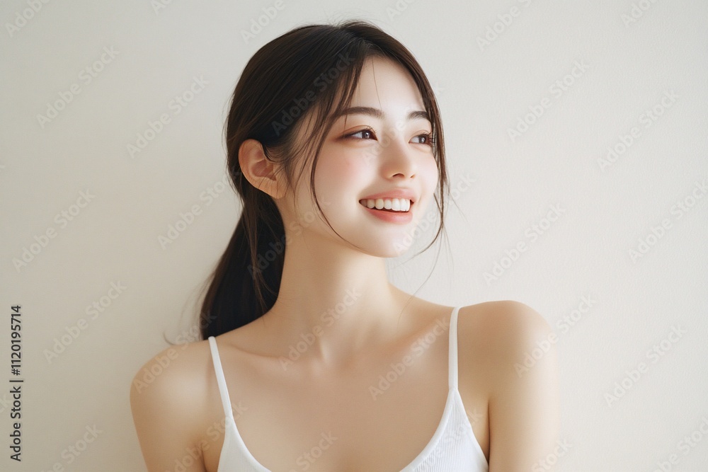 A smiling young woman with long hair, captured in a natural setting. A smiling young woman with long hair, captured in a natural setting.