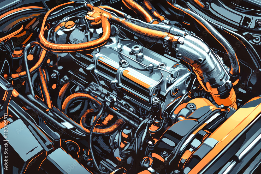 Fototapeta premium Complex engine pipes and wires rendered in high detail with a dark orange theme and hyperrealistic gaming style across a rustic background