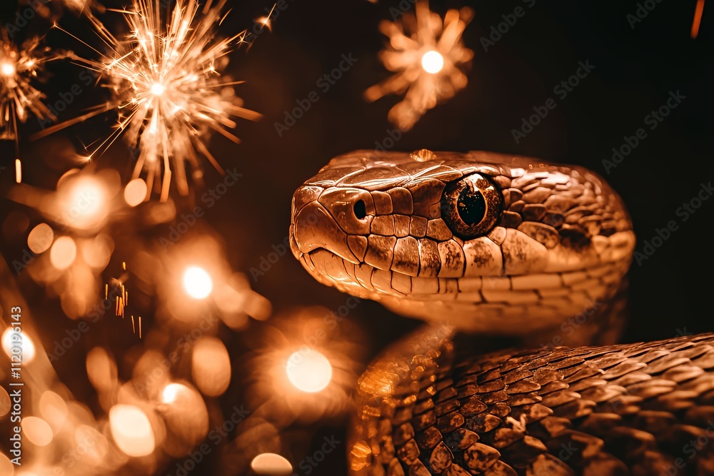 Close-up of a Snake Surrounded by Sparkling Lights in a Dark Setting During a Festive Celebration Close-up of a Snake Surrounded by Sparkling Lights in a Dark Setting During a Festive Celebration