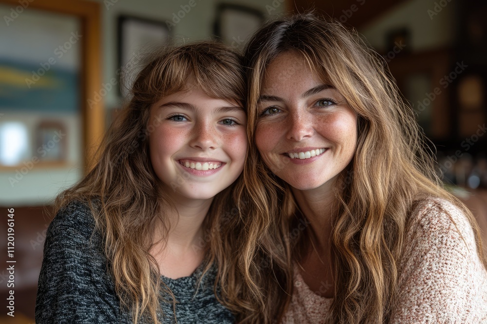 Happy mother and daughter smiling together at home