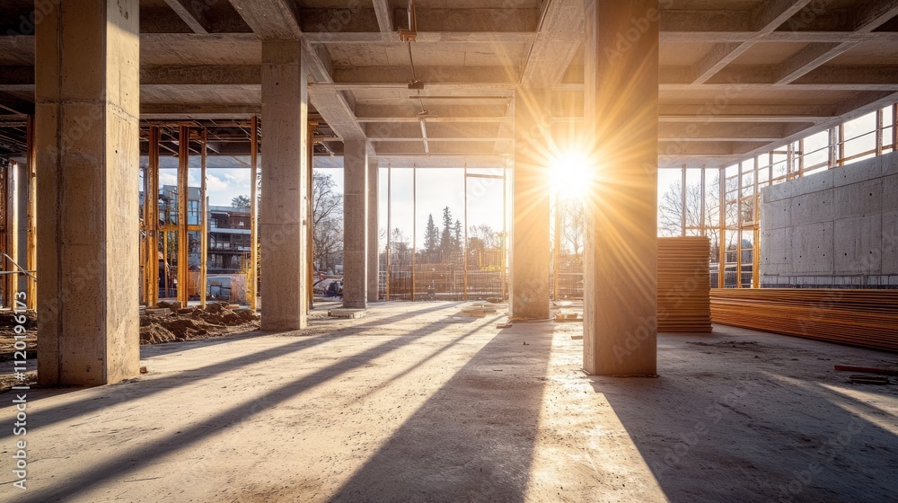 Sunlit interior of a building under construction, showing concrete pillars, framework, and sunlight streaming through open windows. Sunlit interior of a building under construction, showing concrete pillars, framework, and sunlight streaming through open windows.
