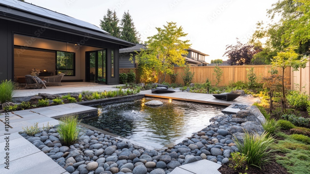 Modern backyard with pond, patio, and landscaping featuring a sustainable home Modern backyard with pond, patio, and landscaping featuring a sustainable home
