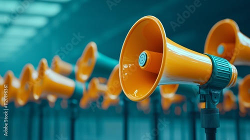 Row of orange megaphones in a modern setting.