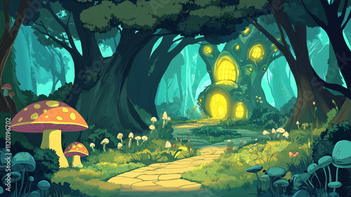 Enchanted Forest Path to Magical Treehouse. Fantasy Landscape, Cartoon Style.
