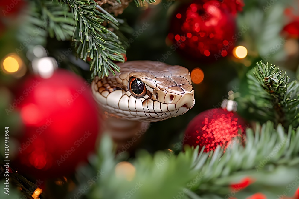 Snake Nestled Among Christmas Decorations in a Festive Tree Filled With Bright Ornaments and Holiday Lights Snake Nestled Among Christmas Decorations in a Festive Tree Filled With Bright Ornaments and Holiday Lights