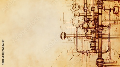 Vintage industrial pipe system blueprint sketch.
