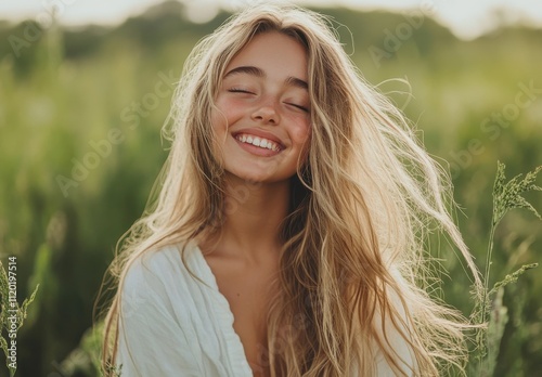 Joyful Young Woman with Long Hair Smiling in a Lush Green Field During Golden Hour, Capturing the Essence of Happiness and Natural Beauty in a Peaceful Outdoor Setting