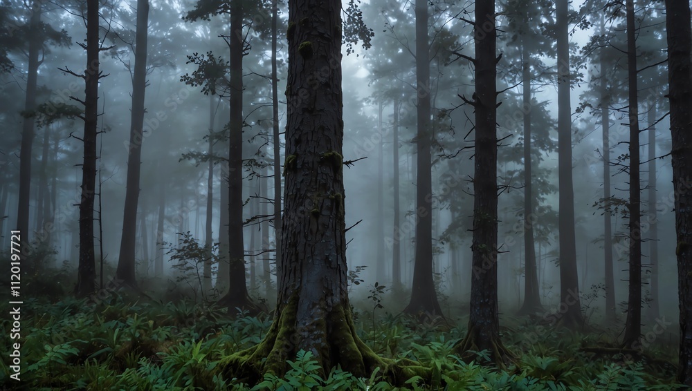 , dark and shadowy. Green ferns and plants are visible on the ground. , dark and shadowy. Green ferns and plants are visible on the ground.