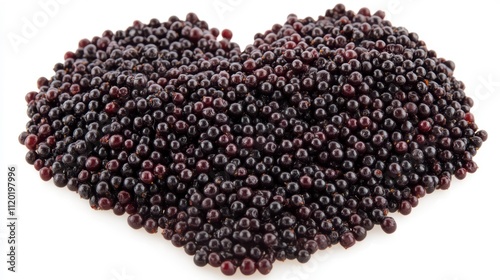A heart-shaped arrangement of small black berries on a white background.