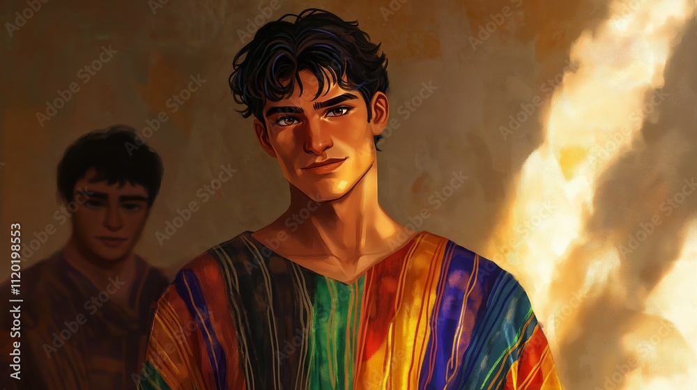 Fototapeta premium Young Jose, around 18 years old, wearing a colorful long-sleeved tunic with vibrant stripes