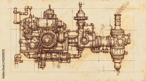 Intricate steampunk contraption blueprint.