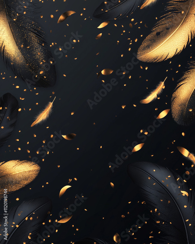 Black and gold feathers with glowing particles