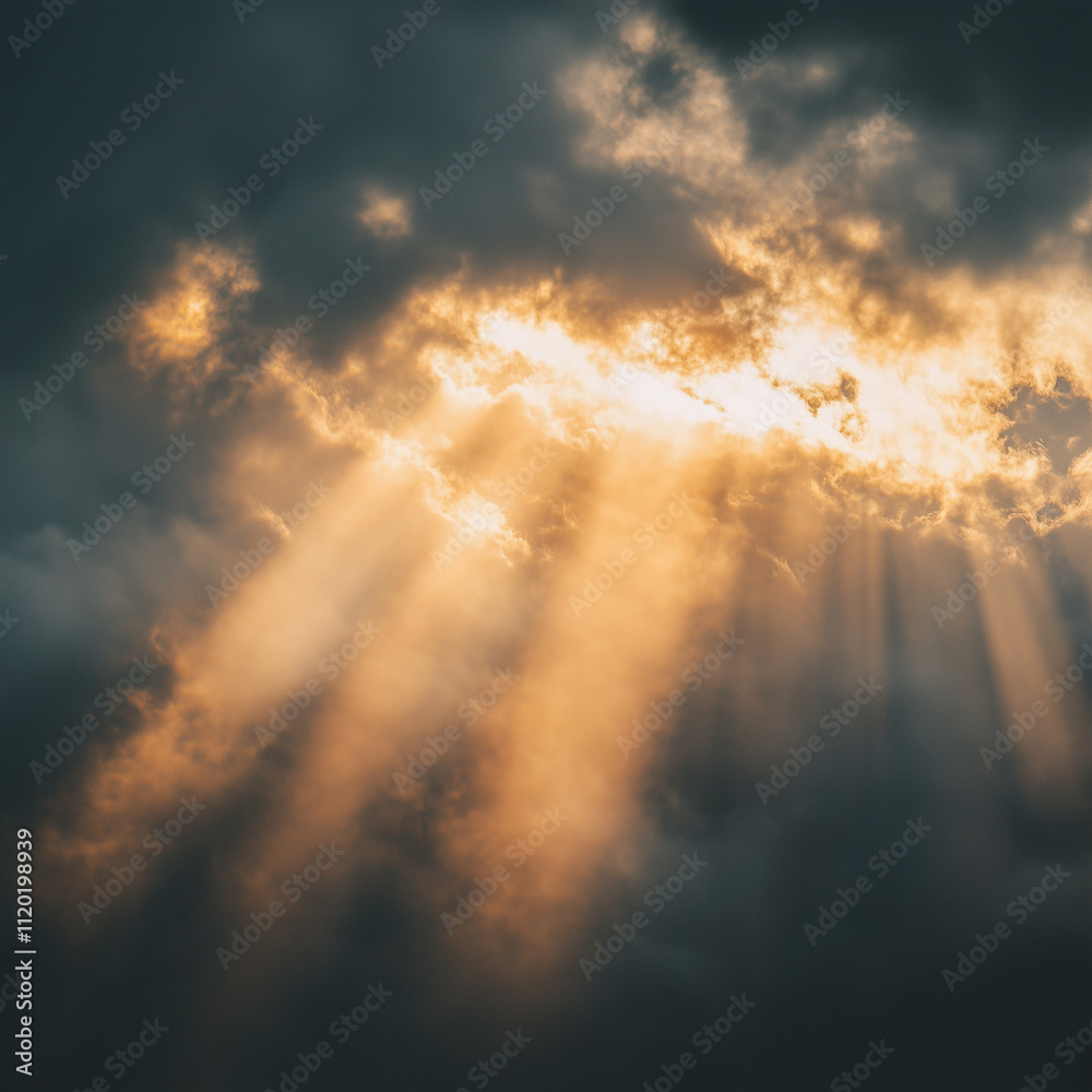 Naklejka premium Sun rays breaking through dramatic clouds