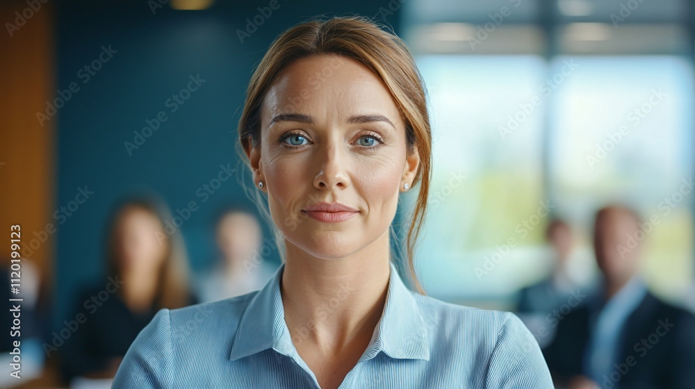 Fototapeta premium Professional woman in an office setting with colleagues in the background.