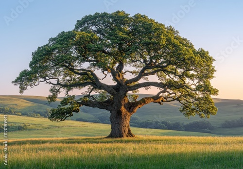 Majestic Oak Tree Standing Alone in a Lush Green Field During Sunrise, Surrounded by Rolling Hills and Vibrant Nature, Symbolizing Strength and Longevity photo