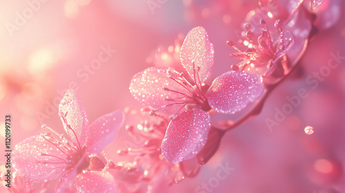 Pink cherry blossoms with morning dew in soft sunlight