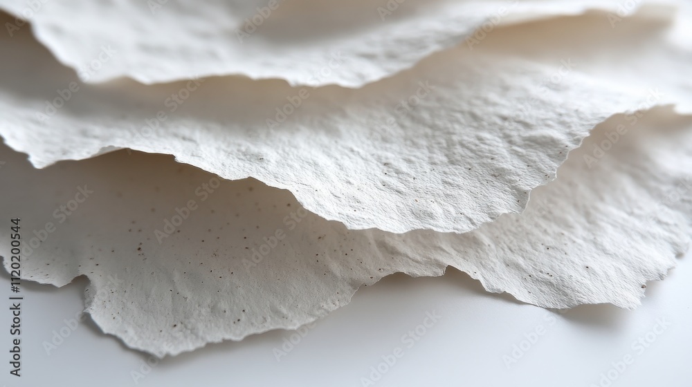 A close-up view of textured, handmade paper sheets stacked together. A close-up view of textured, handmade paper sheets stacked together.