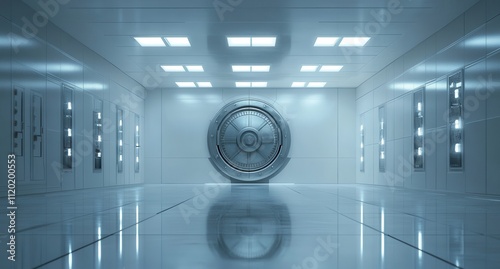 Modern Secure Vault Interior with Impressive Circular Door and Bright Light Fixtures  Ideal for Financial Services and Safety Illustrations