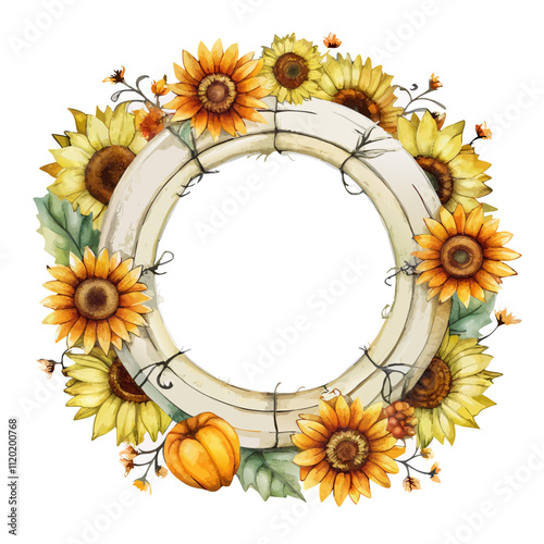 Watercolor rustic sunflower and pumpkins frame vector illustration  (4)