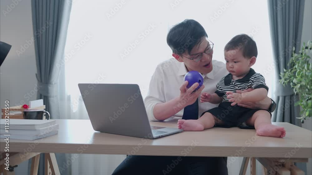 A business father and his duty to take care of his children while working A business father and his duty to take care of his children while working