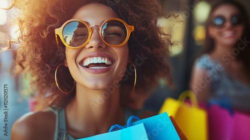cheerful woman with curly hair and sunglasses smiles while holding colorful shopping bags