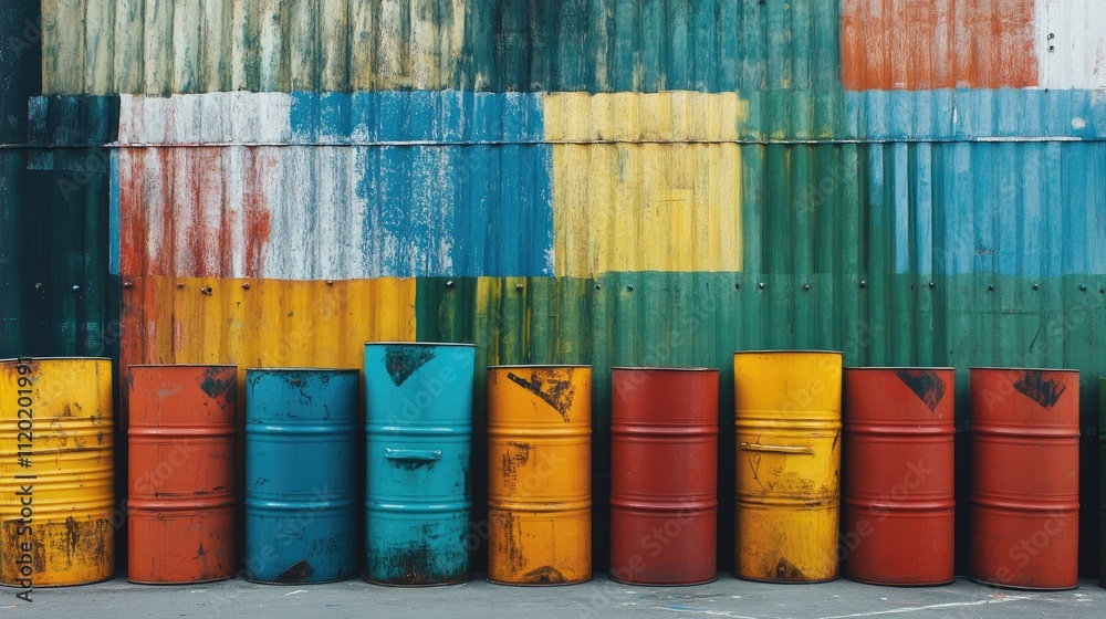 Artistic arrangement of oil barrels painted in vibrant colors, placed in an urban art exhibition. Artistic arrangement of oil barrels painted in vibrant colors, placed in an urban art exhibition.