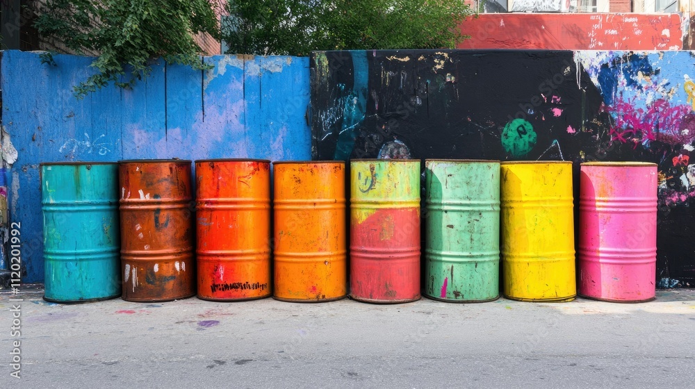 Artistic arrangement of oil barrels painted in vibrant colors, placed in an urban art exhibition. Artistic arrangement of oil barrels painted in vibrant colors, placed in an urban art exhibition.