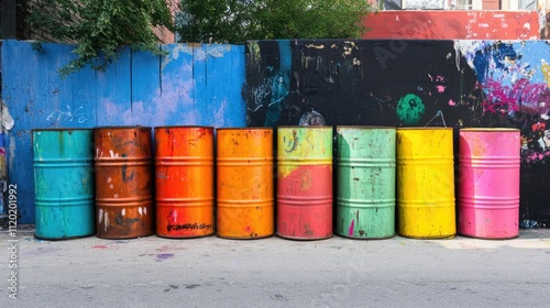 Artistic arrangement of oil barrels painted in vibrant colors, placed in an urban art exhibition. photo