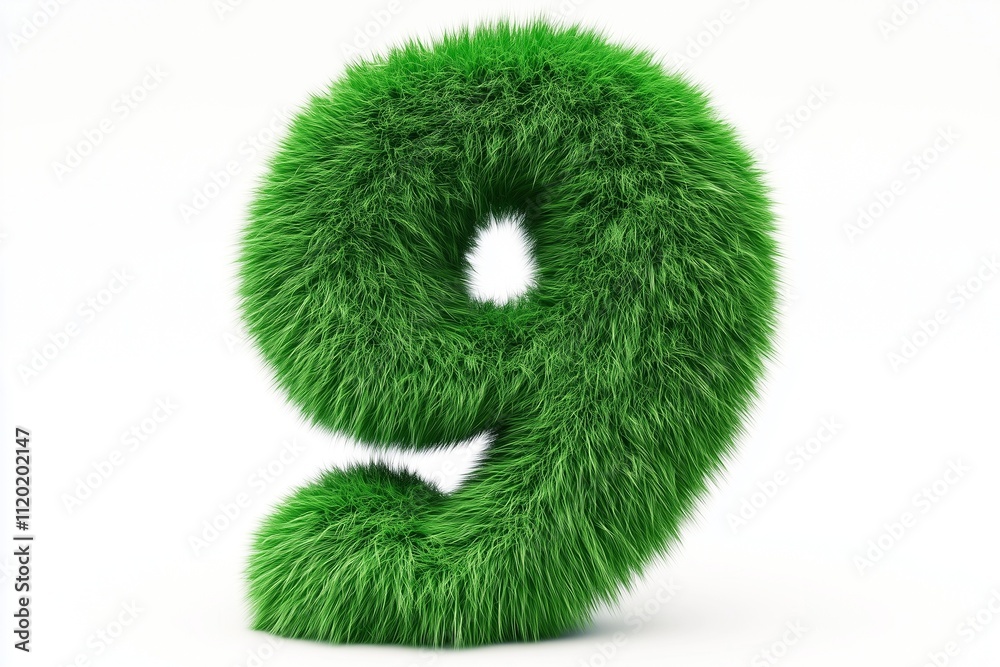 A bold 3D number nine, entirely covered in a dense, vibrant green grass texture, displayed on a clean white background