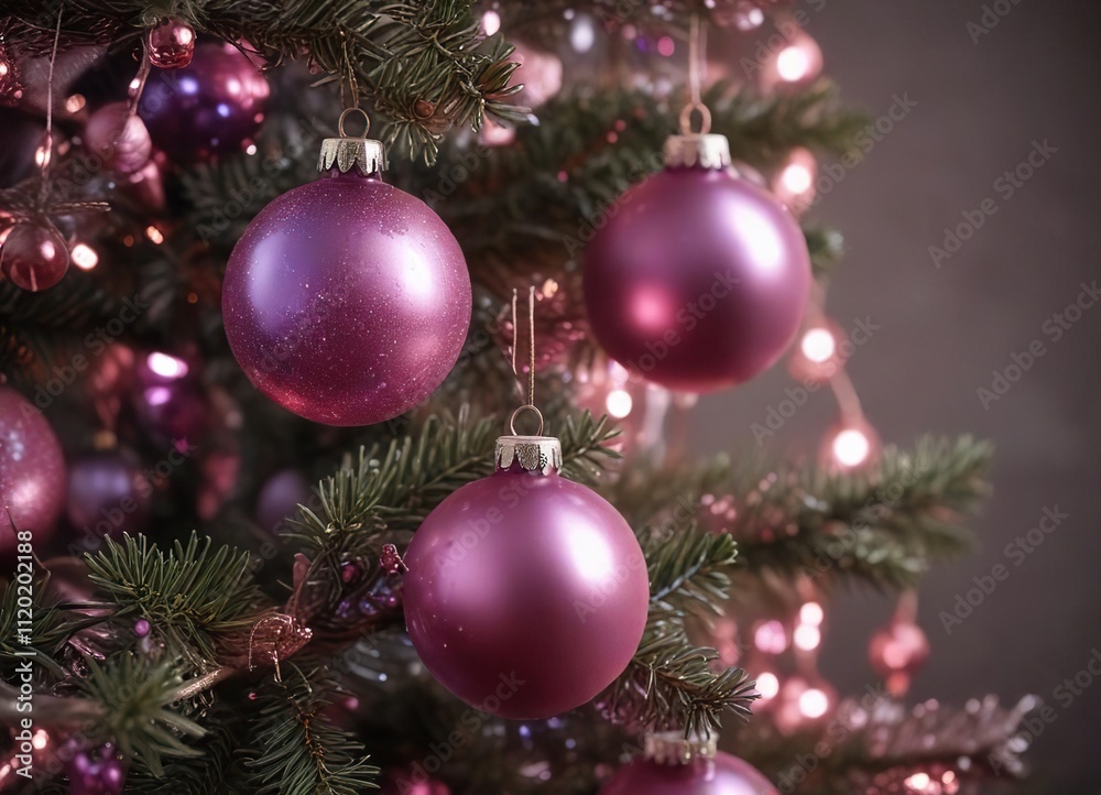Sparkly glass ornaments in shades of pink and purple adorn the branches of a small Christmas tree , glittering ornaments, pastel colors, miniature christmas tree