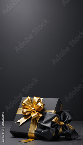 Elegant black gift boxes with gold and black ribbons on a dark background