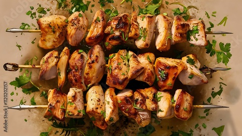 Appetizer chicken kebab with vegetables. Top view, flat lay