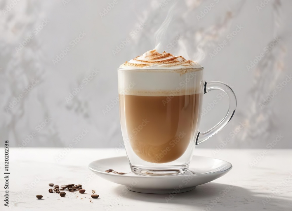Steaming hot latte coffee in a clear glass cup on white background, glass cup, frothy top Steaming hot latte coffee in a clear glass cup on white background, glass cup, frothy top