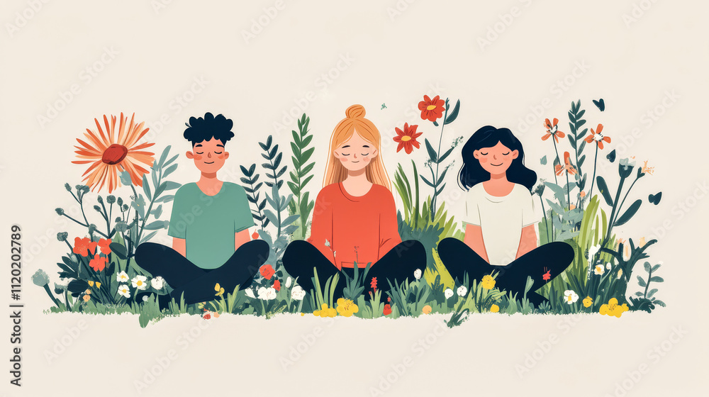 Fototapeta premium Three individuals meditating amongst a colorful flower garden in a peaceful setting under soft light