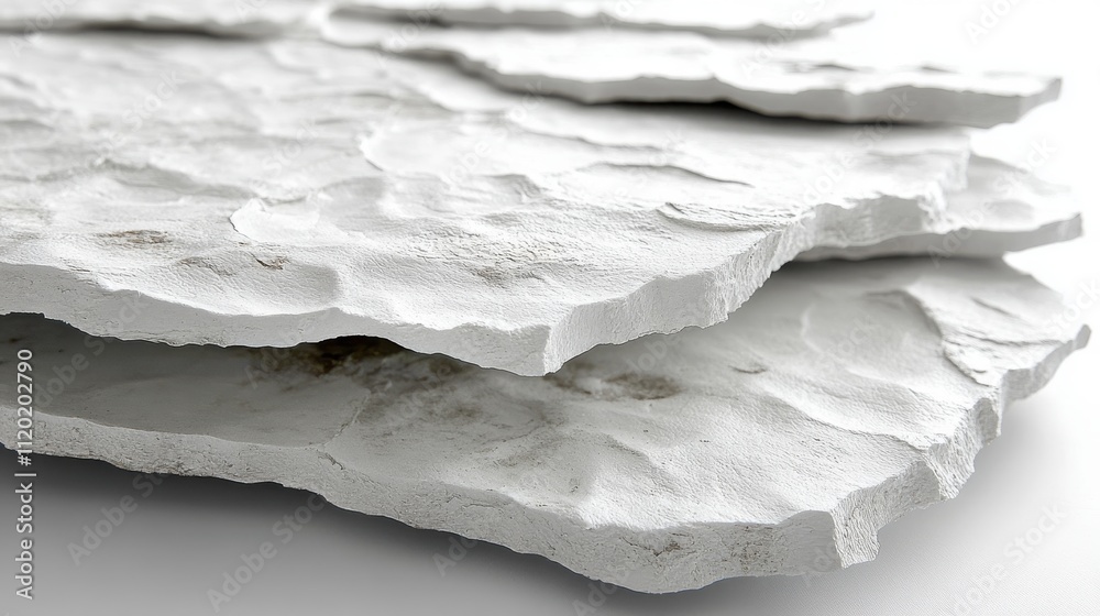 A close-up view of layered, textured white materials resembling stone or plaster. A close-up view of layered, textured white materials resembling stone or plaster.