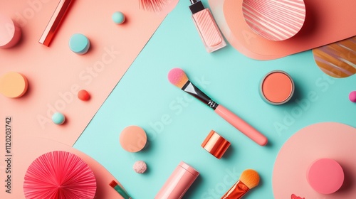 Flat lay of colorful makeup products on pastel backgrounds photo