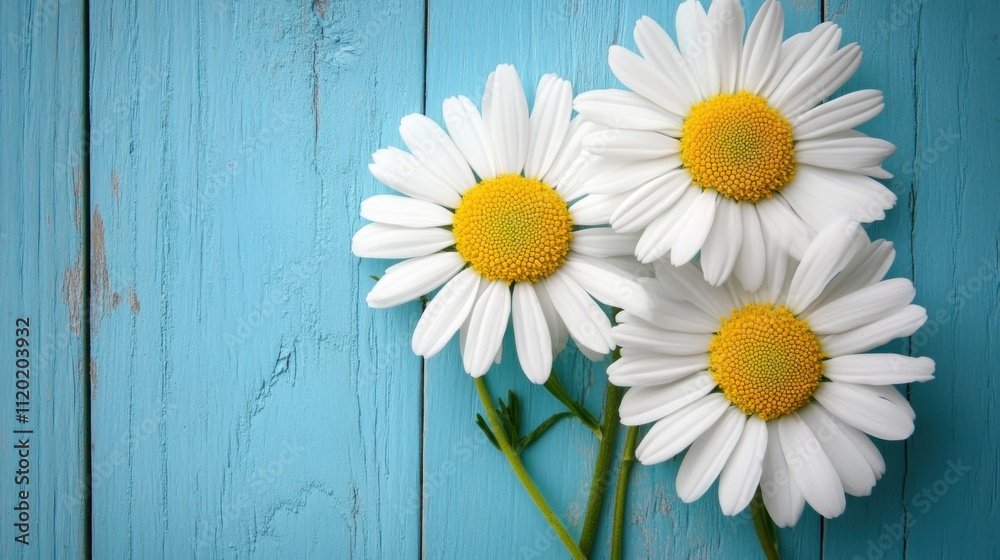 Obraz premium Three cheerful flowers with white petals and bright yellow centers are beautifully arranged on a rustic blue wooden surface, creating a fresh and inviting atmosphere