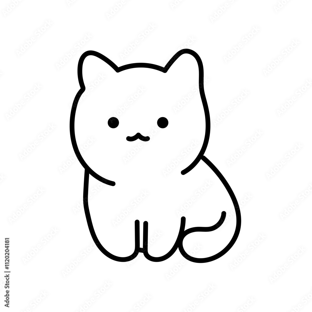 Fototapeta premium Cute sitting kawaii cat. Black and white illustration, hand drawn coloring.